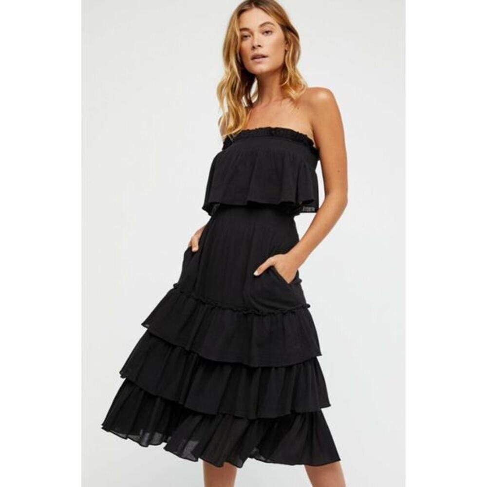 free people black ruffle smocked waist midi skirt